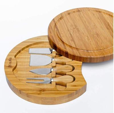 China Sustainable Round Bamboo Cheese Board Cutlery Set Bamboo Cheese Board Set Wholesale Bamboo Cheese Board With Knife Set for sale