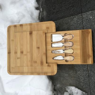 China Viable Hot Sales Bamboo Cheese Knife Tray Board 4pc Cheese Knife Set Square Cheese Board and Gift Set for sale