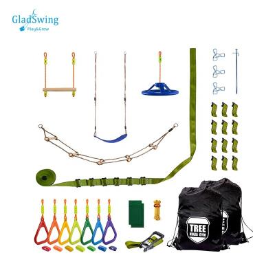 China Outdoor Playset 32ft Collocation Tree Link Outdoor Freestanding Gym Set Monkey Bars Wooden Kids Ninja Slackline for sale