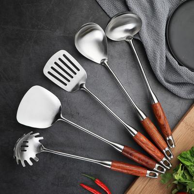 China Amazon Sustainable Hot Sellers 2020 Stainless Steel Utensils Set With Wooden Handle For Cooking for sale