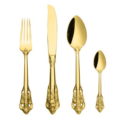 China Sustainable Embossed Luxury Cutlery Set For Hotel In Stock 18/10 Stainless Steel Gold Full Flatware Set for sale