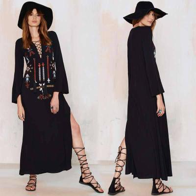 China 2021New Anti-wrinkle free people style ethnic cotton and canvas embroidery dress European casual wear plus size women's dresses for sale