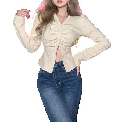 China New 2022 Spring QUICK DRY Plain Pleated Single Breasted Cotton Women Long Sleeve Running T-Shirt for sale