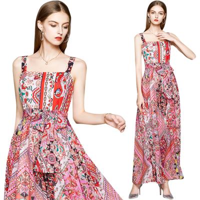 China Anti-wrinkle station retro large new European temperament ethnic style printing pleated sling print dress for sale