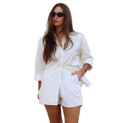 China Anti-pilling Women's Shorts Set Women's Blouses 2021 Long Tops High Waisted Loose Mini Shorts Two Piece Set Summer Sleeve Shirt for sale