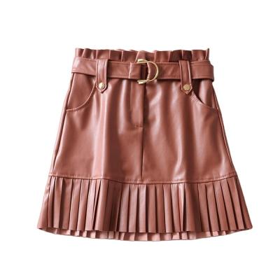 China 2021 Europe and America Summer Plus Size PU Leather Trim A Line High Waist Mini Skirt Pleated Skirt With D Ring Belt For Women for sale