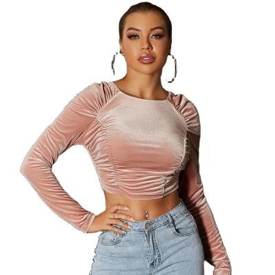 China Breathable Custom Casual Top Womens Stretch Velvet Pleated Long Wrapped Crop Top for sale