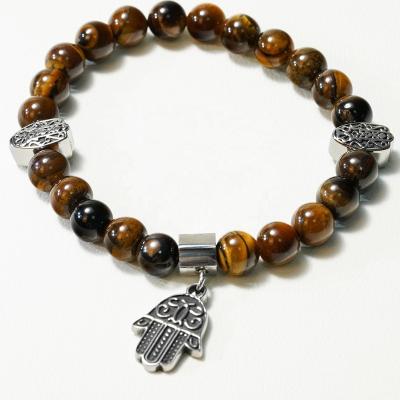 China Three Charm Hand Beaded Stainless Steel Tiger Eye Nature Stone Beaded Trendy Punk Bracelet for sale