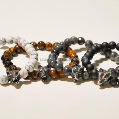 China Nature Stone Punk Wolf Stainless Steel Tiger Eye Four Color Style Beaded Bracelet for sale