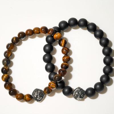 China Nature Punk Unisex Stone Lion Stainless Steel Tiger Eye Style Punk Rock Beaded Bracelet for sale