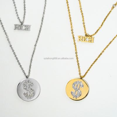 China FASHION FASHION Rich Dollar Rhinestone Pendants Stainless Steel Jewelry Chain Necklaces for sale