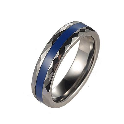 China Quality CLASSIC Wholesale Blue Inlay Polished Facet Cut Edges Tungsten Carbide Wedding Rings For Women Men for sale