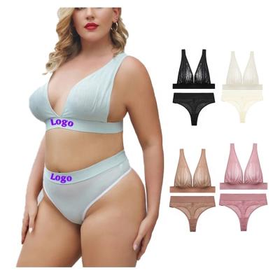 China Viable Custom Logo Sexy Mesh Plunging Bra Thong Panties Sets for sale