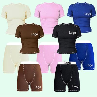 China Custom LOGO Women QUICK DRY Ribbed Knit Crop Top Leggings Yoga Clothing Long Two Piece Skims Loungewear Women Shorts Sets for sale