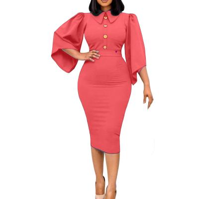 China High Quality Breathable Ladies Wears Casual Flared Sleeve Solid Color Bodycon Boutique Office Wear Formal Dresses for sale