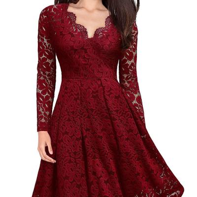 China Sexy Breathable Hot Selling Long Sleeve Plus Size Lace Dress V Neck Party Wear Dresses For Women for sale