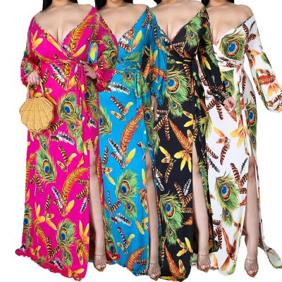 China Sustainable Trending Products Summer Floral Print Long Sleeve Women Maxi Plus Size 5XL Fat Woman Dress for sale