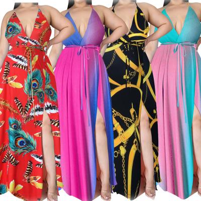 China Women Clothing Breathable Sexy Halter Tie Dress 2021 Summer Deep V Bohemian Dye Printed Floral Long Slit Plus Size Dress for sale