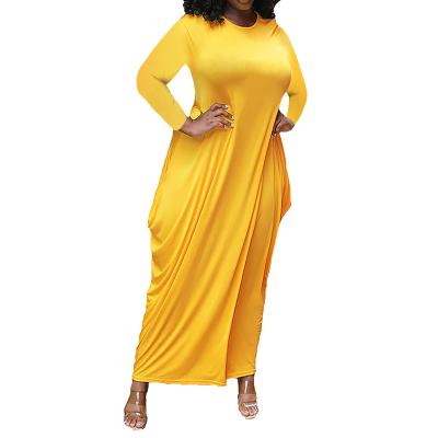 China Breathable Round Neck Long Sleeve Solid Color Autumn Edge Pocket Maxi Dress Ladies Plus Size Irregular Dress For Fat for sale