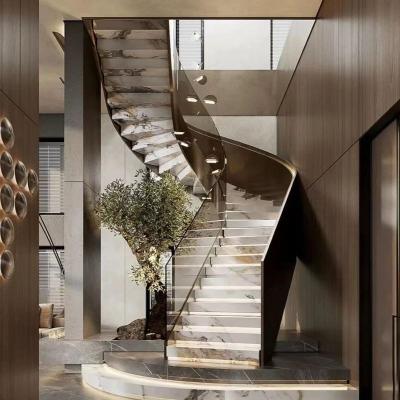 China JURUI factory direct sale style carbon steel and glass curved stair modern elegant used spiral stair tread stairs customized stairs for sale