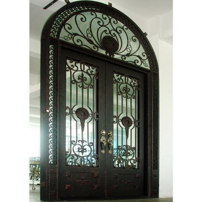 China JURUI Factory Modern Safety Glass Wrought Iron Entry Door Wholesale Wrought Aluminum Door Customize Design Wrought Iron Door Smart for sale