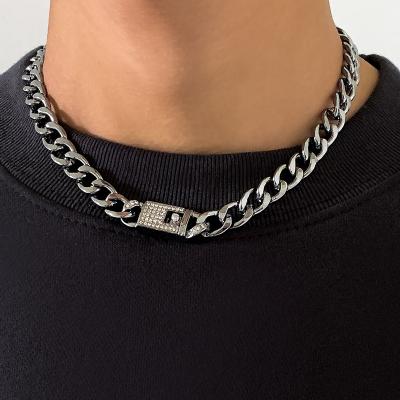 China SHIXIN Hip Hop Steampunk Rhinestone Lock Charm Necklace Shiny Color Cross Clavicle Chain Choker Punk Silver Necklace Jewelry Gifts for sale