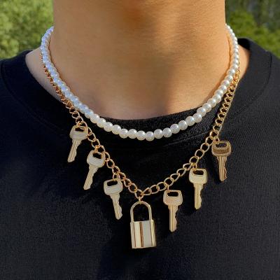 China SHIXIN Vintage Punk Lock Key Style Necklace Hip Hop Multi Layered Metal Chain Choker Necklace Pendant Jewelry For Women Accessories for sale