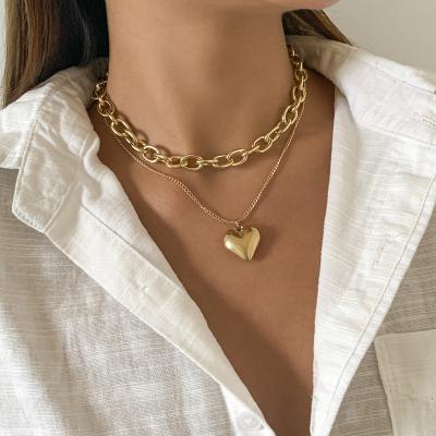 China FASHIONABLE Wholesale SHIXIN Steampunk Love Heart Metal Hip Hop Pendant Necklace Customizable Double Layered Cross Choker Chain Necklace for sale