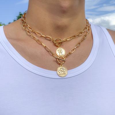 China SHIXIN FASHIONABLE Vintage Angel Portrait Carved Coin Pendant Necklace Two Layer Link Chain Necklace Gold Necklace Gift for Women Men for sale