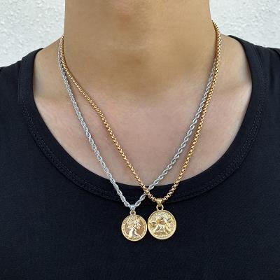 China Hiphop SHIXIN Portrait Angel Coin Pendant Necklace Fashionable Gold Chain Rope Twist 2 Layers Necklace Mens Silvery Men Women for sale