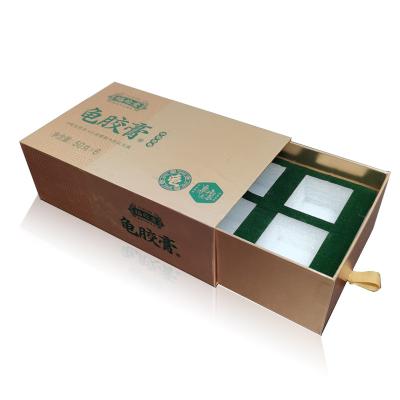 China Recyclable Custom Logo metal gold Rigid sliding Out drawer paper box gift drawer packing box With Ribbon for sale