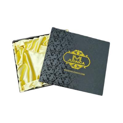 China Recyclable Custom leather gift box UV printing black 2 piece box packaging with gold stamp silk lining matte film box for sale