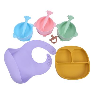 China Hot Sale Stocked Baby Eco-Friendly Non-Toxic Strong Suction Bowl Spoon Set Bib Baby Silicone Feeding Bowl Dish Feeding Set for sale