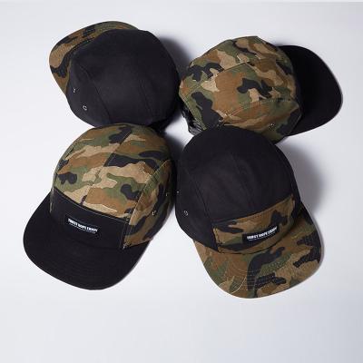 China Camouflage Five Panel Hat JOINT Woven Label Patch Flat Brim 5 Panel Cap for sale