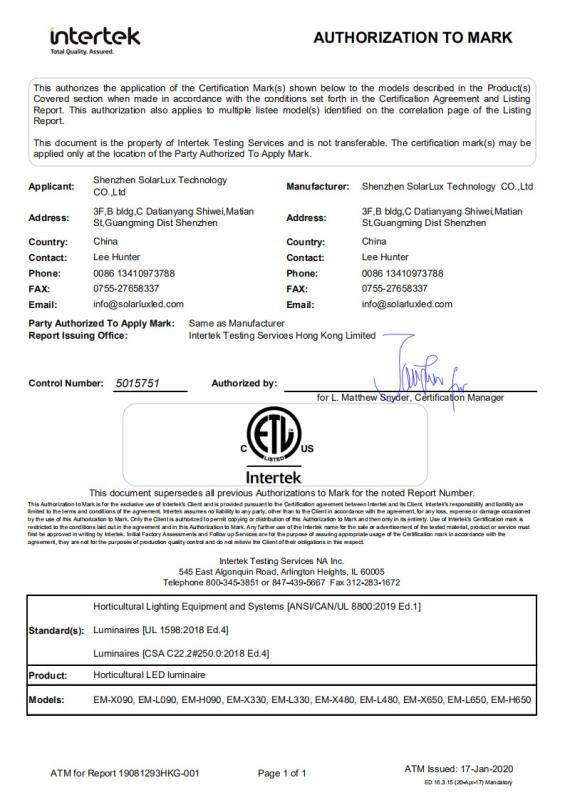 ETL - Shenzhen Solarlux Technology Co., Ltd.