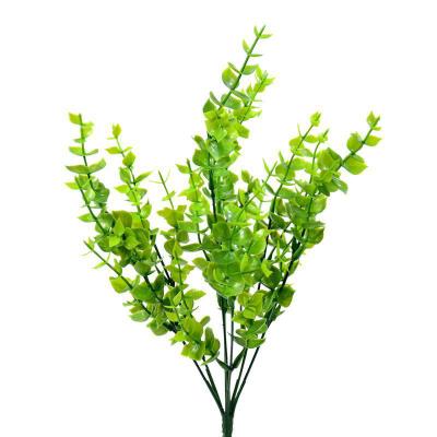 China Wholesale 7 Fork Green Artificial Eucalyptus Plastic Home Decorations Simulation Plant Stems Leaves for sale