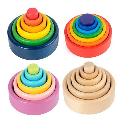 China Building Toy Creative Educational Montessori Rainbow Blocks Small Wooden Bowls Interlocking Stacking Toy Kids Rainbow for sale