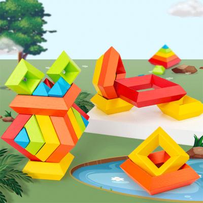 China Creative Montessori Educational Toy Diy Square Wood Rainbow Building Toy Baby Stacker Toys Pyramid Wooden Blocks for sale