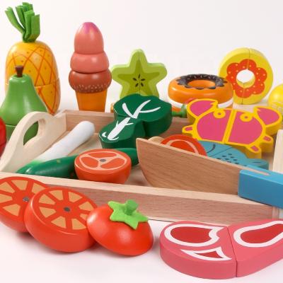 China Kitchen Toy Set Montessori Education Classic Simulation Wooden Kitchen Toys Vegetable Dessert Fruit Cutting Toy Set for sale