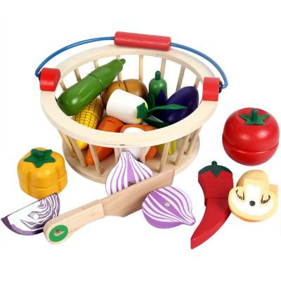 China Kitchen Toy Set Kids Kitchen Toy Basket 16pc Set Role Play Vegetables Wooden Children Pretend Cut Toys Fruit for sale