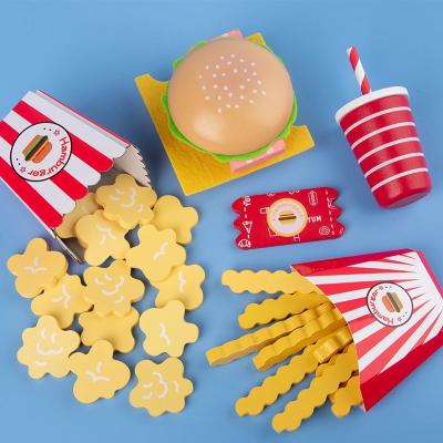 China Kitchen Toy Set Pretend Play Simulation Wooden Burger Fry Model Fast Food Burger Cooking Food Baby Kitchen Set Toy for sale