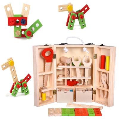 China MODEL TOY Kids Wooden Multifunctional Nut Combination Tool Kit Maintenance Box Pretend Wooden Tool Box Toy Set for sale