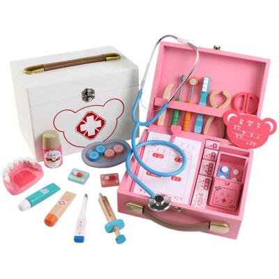 China Children's Toys Cosplay Real Life Medicine Box Simulation Dentist Accessories Tools Pretend Wooden Doctors Kit Toys Play Set for sale