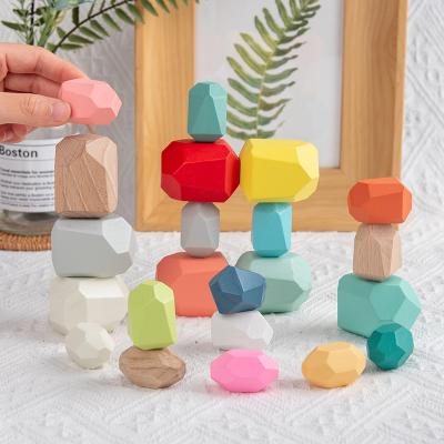 China Toy Kids Educational Colored Creative 20pcs Nordic Rainbow Stone Building Blocks Stacking Toy Rainbow Wooden Stone for sale