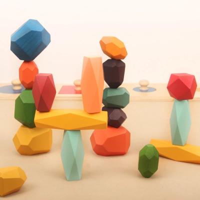 China Building Toy Creative Nordic Style Stacking Building Block Set Colored Stone Wood Stones Pebble Wooden Toys for sale