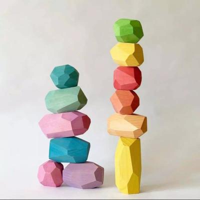 China DIY TOY Creative Nordic Style Colored Building Block Educational Stacking Game Toys Wooden Stone Pebble Wooden Toy for sale