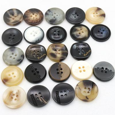 China Sustainable Manufacturers Custom 4 Hole Logo Engraved Mens And Womens Jackets Horns Plastic Resin Buttons for sale