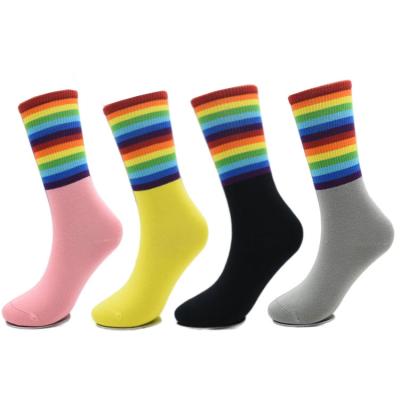 China Antibacterial Colorful Fashion Rainbow Stripe Ladies Antibacterial Tube Socks Black White Cotton Breathable Sports Crew Socks For Women for sale