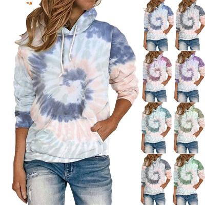 China Autumn Women Tie Dye Print Windproof Hoodie Loose Fit Long Sleeve Crewneck Sweatshirt Tie Die Hoodies for sale