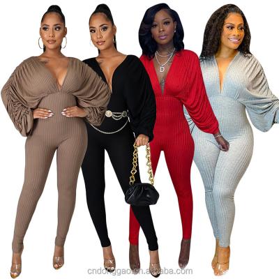 China 2022 new arrival female anti-pilling puff sleeve jumpsuit women one piece long sleeve sexy jumpsuits club wear for sale